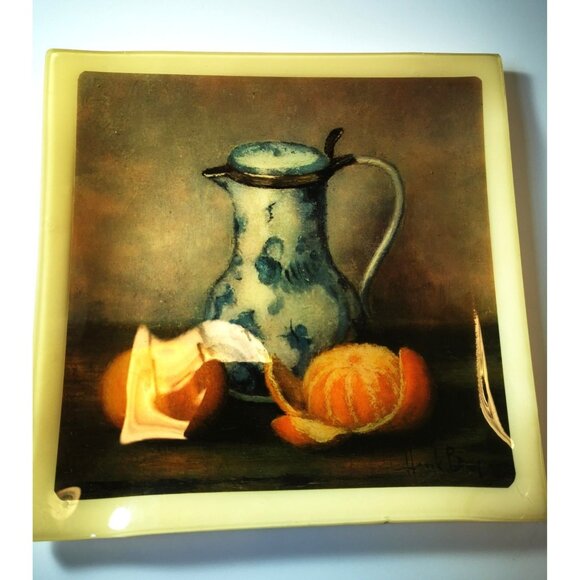 Henk Bos Still Life Art Tile Vintage | Ceramic Wall Plaque with Pitcher & Orange - Picture 2 of 9